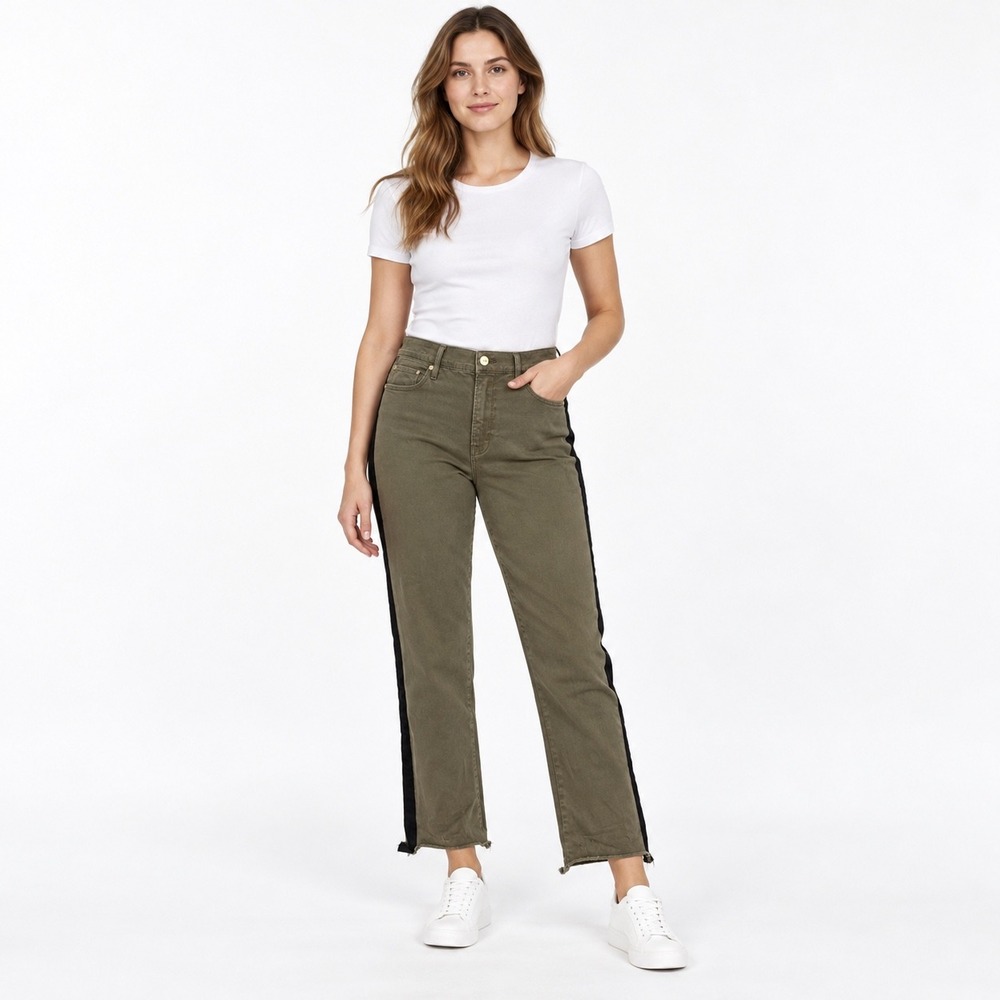 FRAME Le High Straight Size 30 Army Green Tuxedo Stripe Raw Hem Jeans Neutral